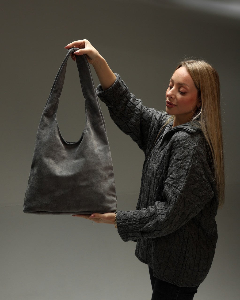 Handmade Womens Suede Shopper Bag Gray Gift for Her