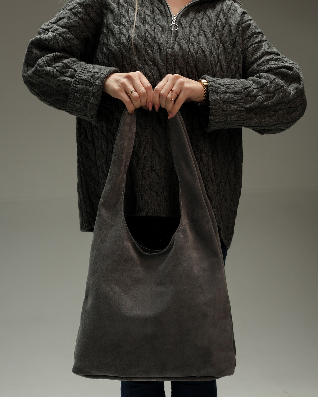 Handmade Womens Suede Shopper Bag Gray Gift for Her