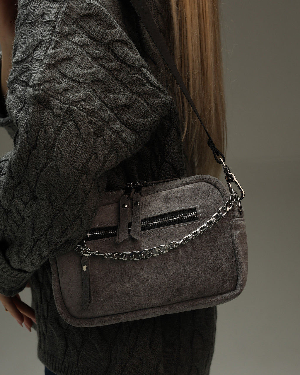 Handmade Womens Suede Crossbody Bag Natural Suede SKILL Gray Gift for Her