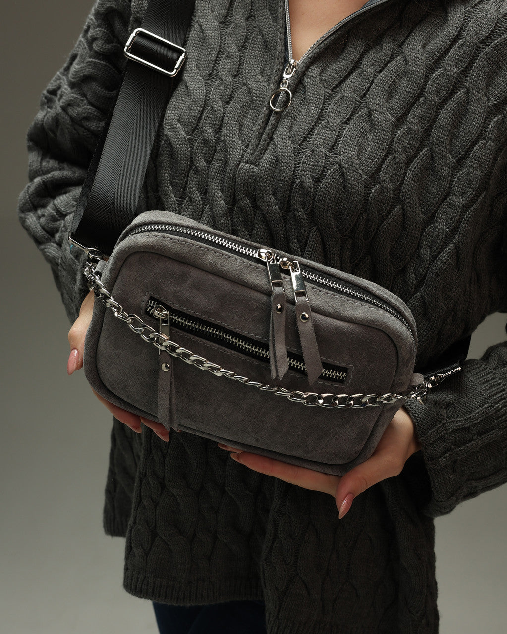Handmade Womens Suede Crossbody Bag Natural Suede SKILL Gray Gift for Her