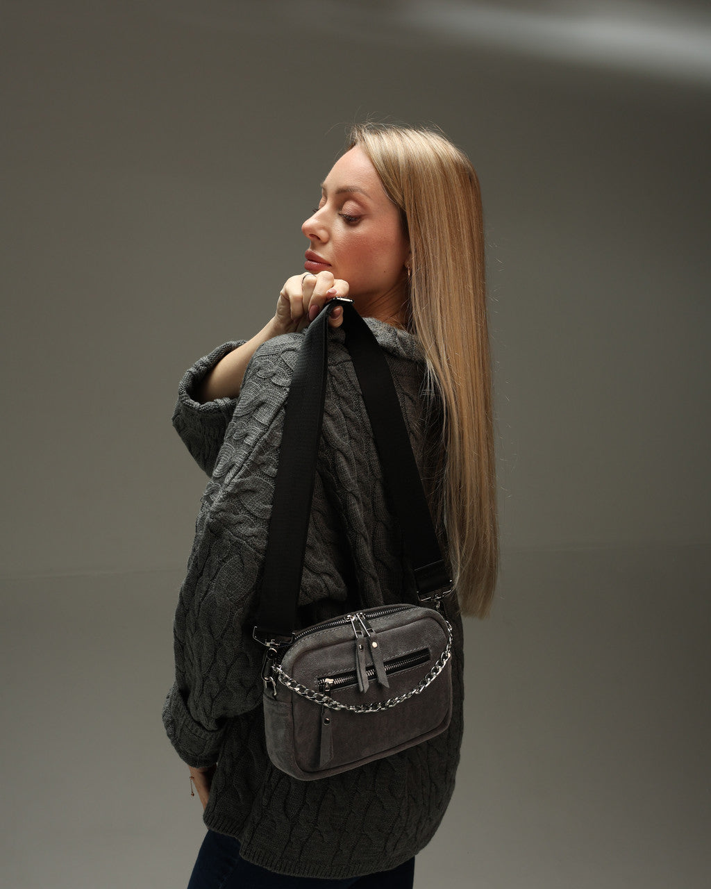 Handmade Womens Suede Crossbody Bag Natural Suede SKILL Gray Gift for Her