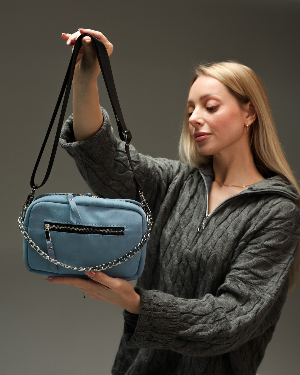 Handmade Women Blue Suede Crossbody Bag Gift for Her Compact Zip Bag