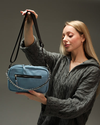 Handmade Women Blue Suede Crossbody Bag Gift for Her Compact Zip Bag