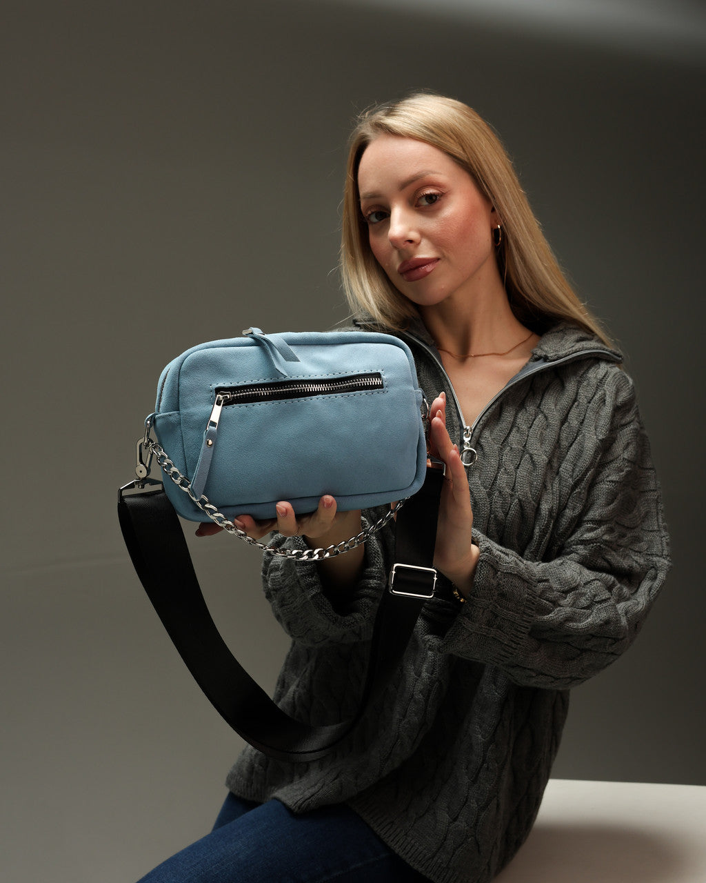 Handmade Women Blue Suede Crossbody Bag Gift for Her Compact Zip Bag