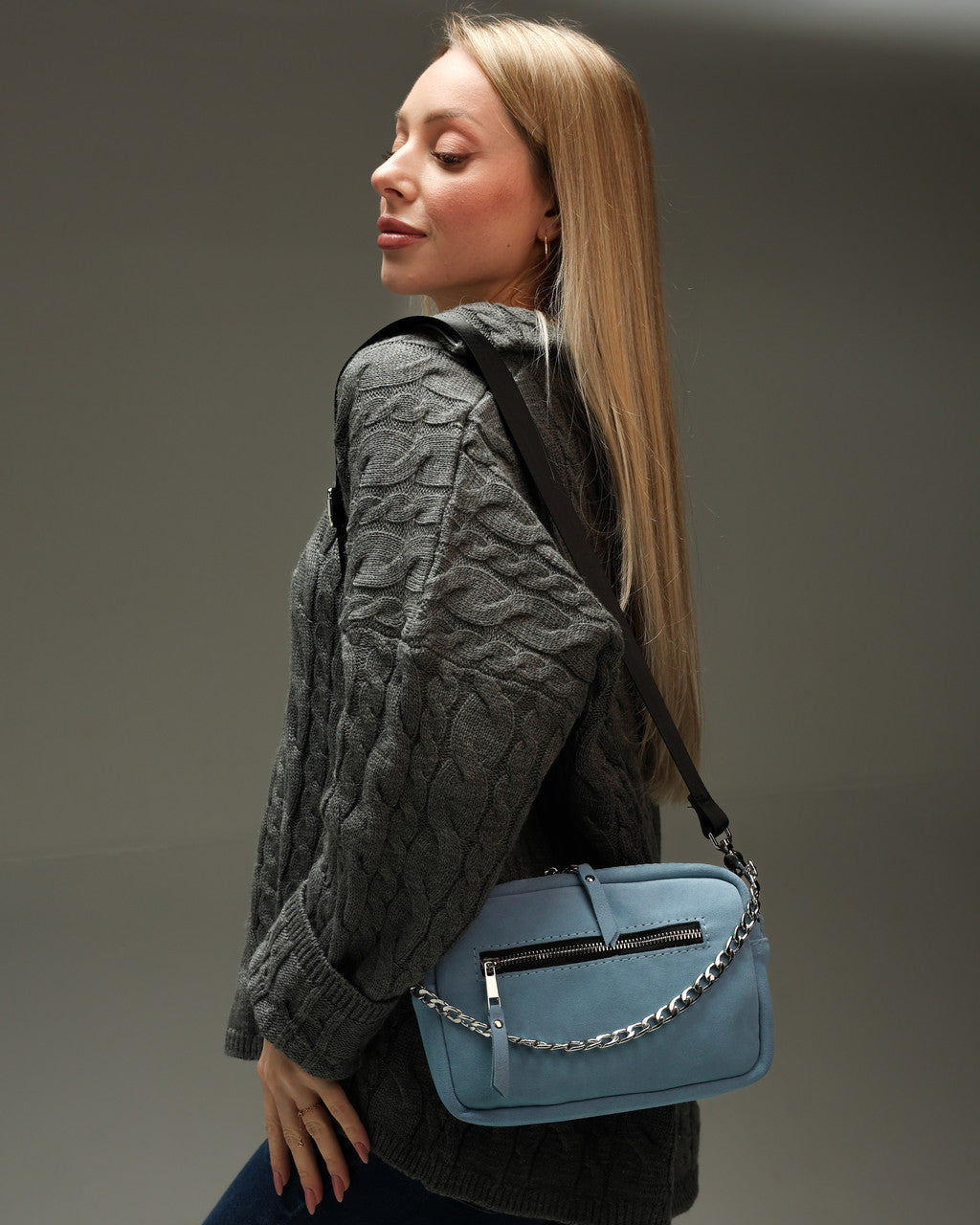 Handmade Women Blue Suede Crossbody Bag Gift for Her Compact Zip Bag