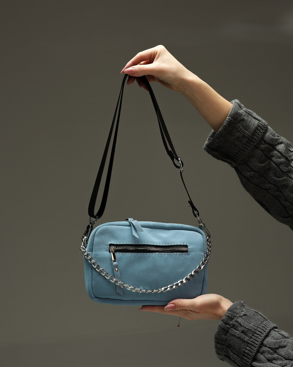 Handmade Women Blue Suede Crossbody Bag Gift for Her Compact Zip Bag