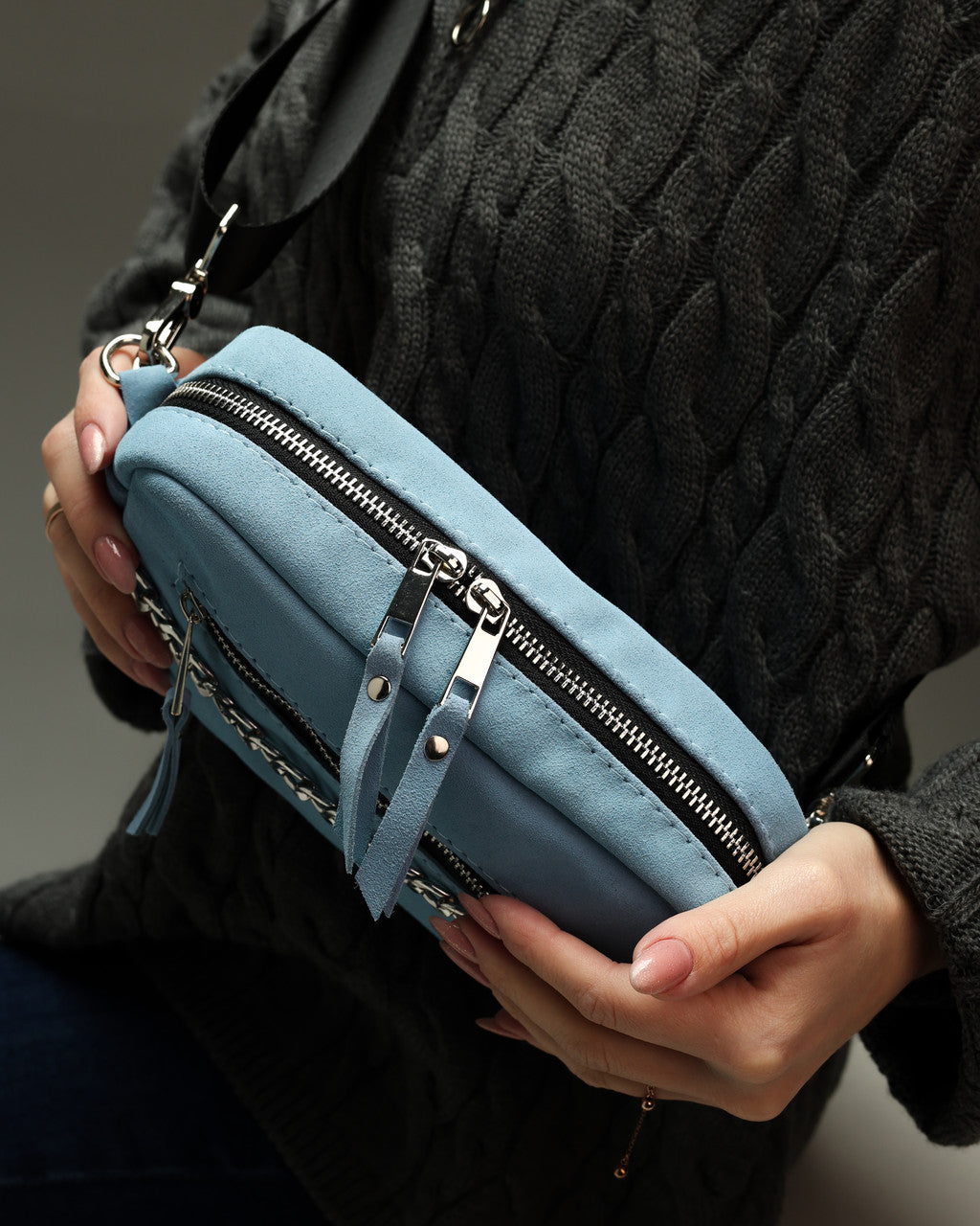 Handmade Women Blue Suede Crossbody Bag Gift for Her Compact Zip Bag