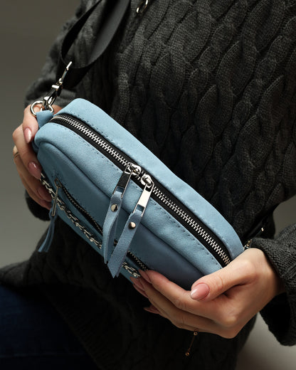 Handmade Women Blue Suede Crossbody Bag Gift for Her Compact Zip Bag