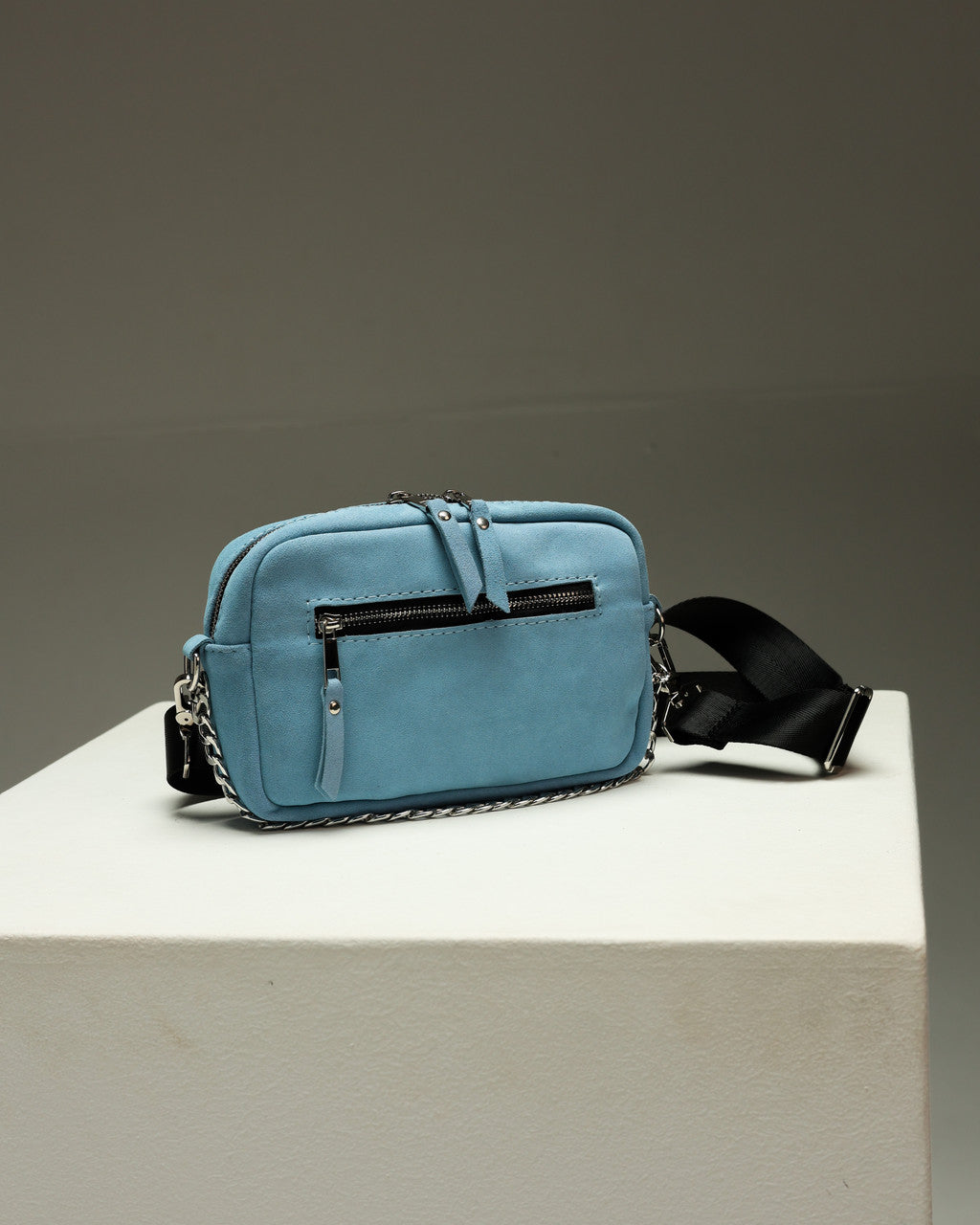 Handmade Women Blue Suede Crossbody Bag Gift for Her Compact Zip Bag
