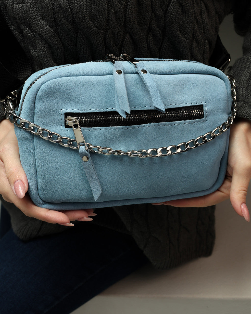 Handmade Women Blue Suede Crossbody Bag Gift for Her Compact Zip Bag
