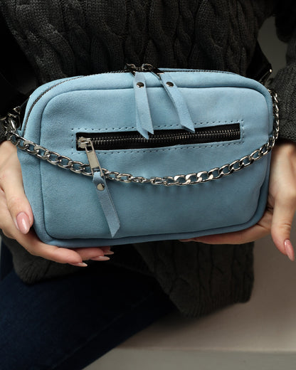 Handmade Women Blue Suede Crossbody Bag Gift for Her Compact Zip Bag