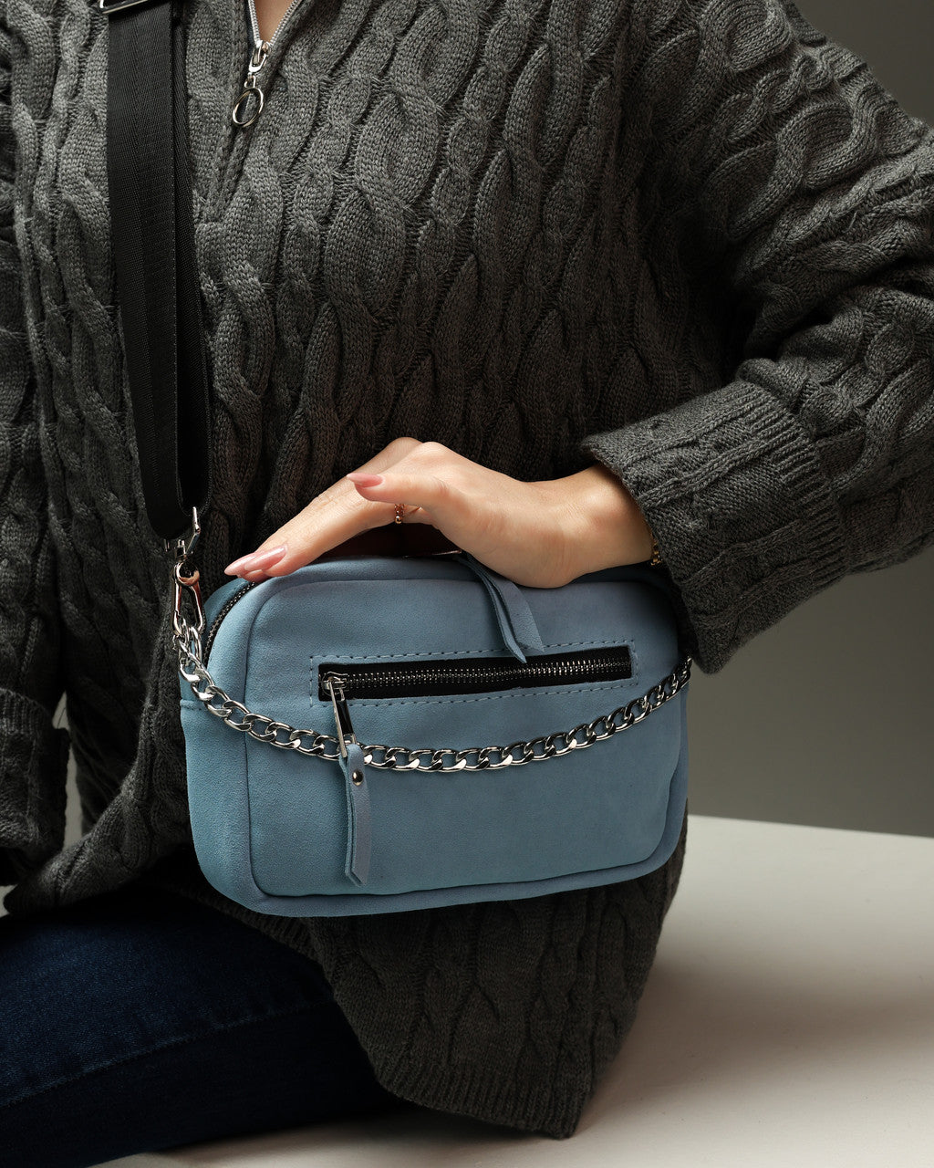Handmade Women Blue Suede Crossbody Bag Gift for Her Compact Zip Bag
