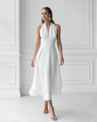 Elegant White Halter Neck Premium Crepe Dress for Women