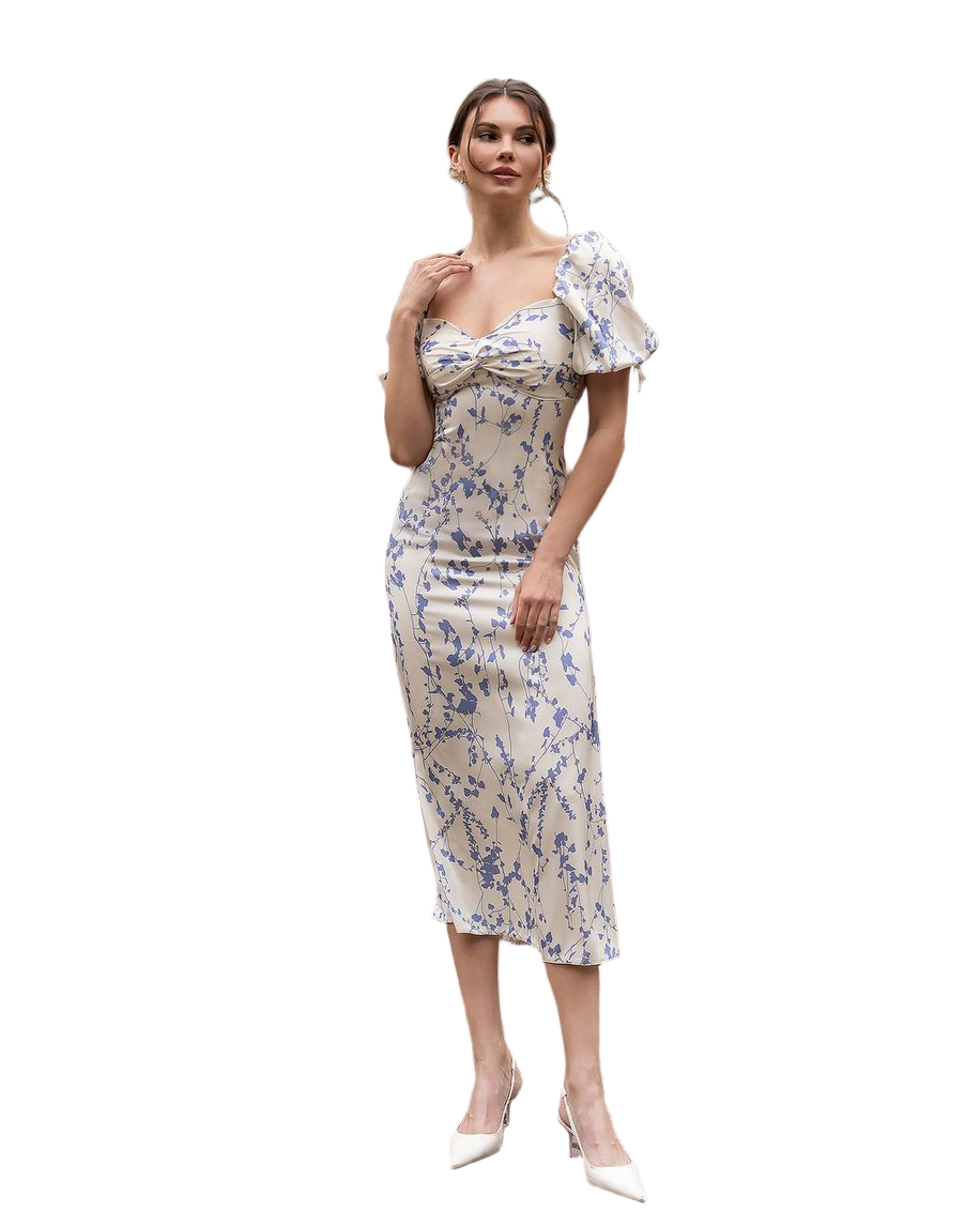 Elegant Printed Silk Midi Dress with Puff Sleeve