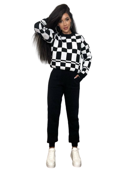 Womens Knitted Suit in Black and White Checkered Pattern