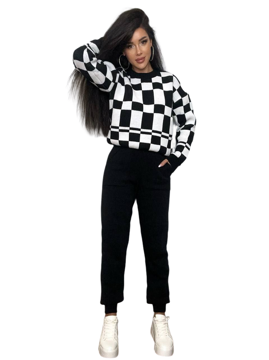 Womens Knitted Suit in Black and White Checkered Pattern