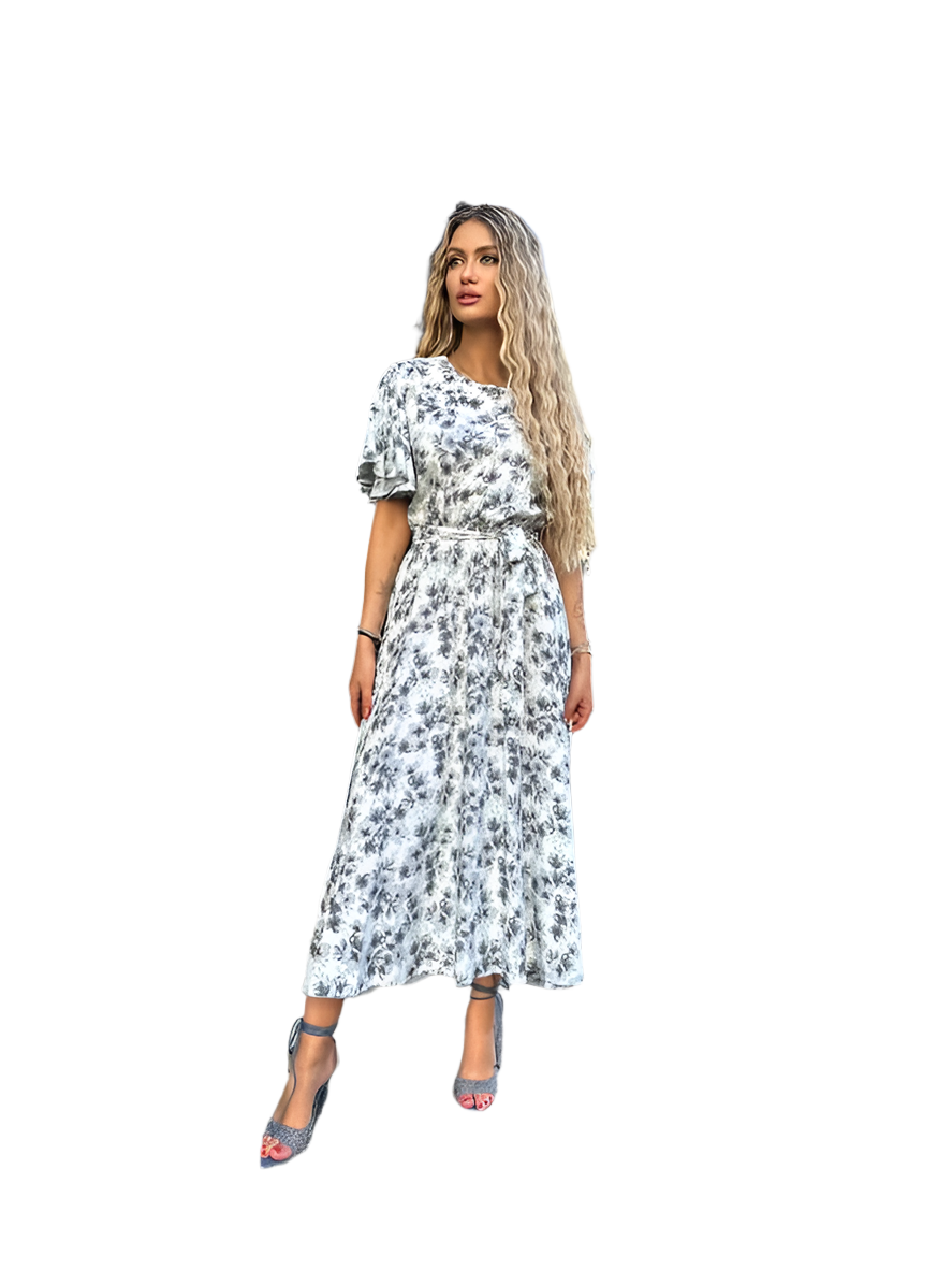 Floral Midi Dress with Belted Waist and Short Flutter Sleeves