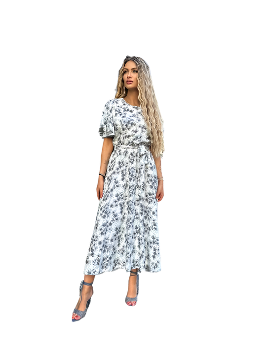 Floral Midi Dress with Belted Waist and Short Flutter Sleeves