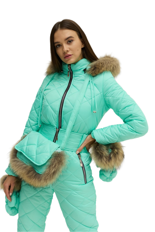 Winter Womens Quilted Ski Jumpsuit with Natural Raccoon Fur Accents
