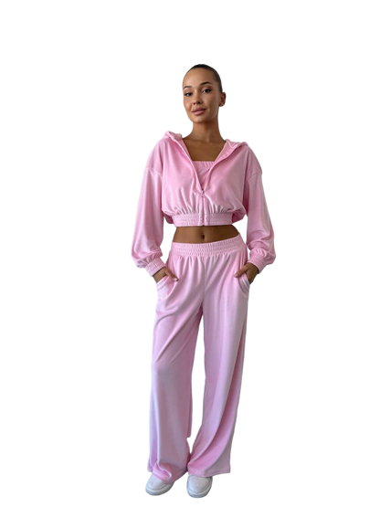 Pink Velour Three Piece Suit Womens Tracksuit Set Hoodie Crop Top Pants