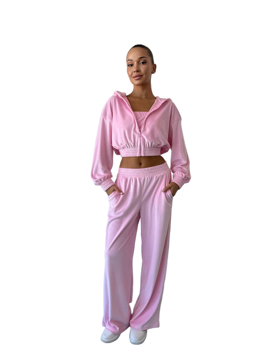 Pink Velour Three Piece Suit Womens Tracksuit Set Hoodie Crop Top Pants