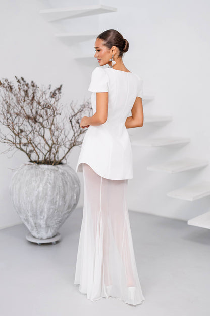 Milk Peplum Dress and Sheer Mesh Skirt Set Diagonal Crepe Euro Mesh