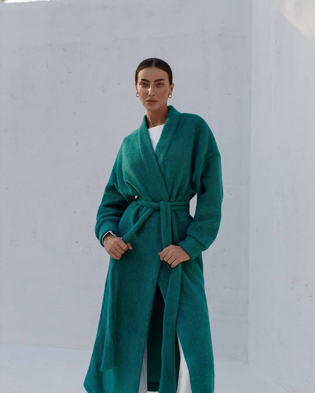 Womens Silva Fluffy Cardigan Long Sleeve Belted Coat Emerald Green