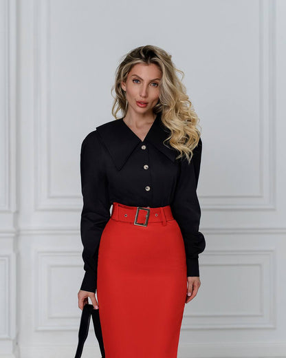 Premium Diagonal Suiting Crepe Red Midi Skirt with Belt