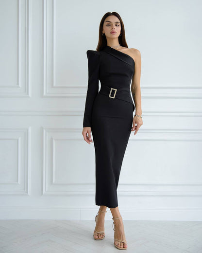 Elegant One-Shoulder Black Midi Dress with Belt
