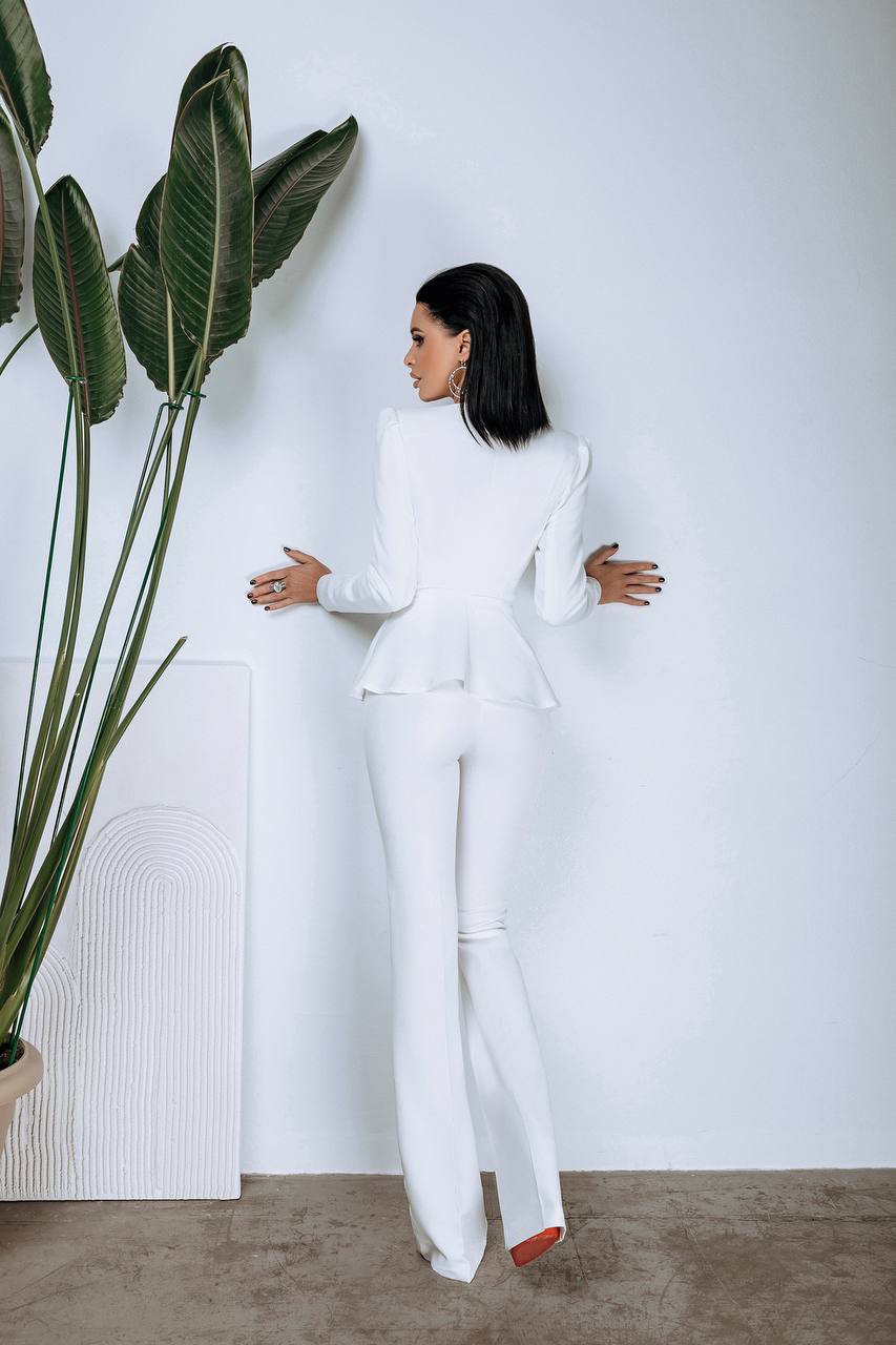 White Women Wedding Suit Bridal Elegant Cocktail Graduation Pantsuit Peplum Jacket High Waist Palazzo Pants