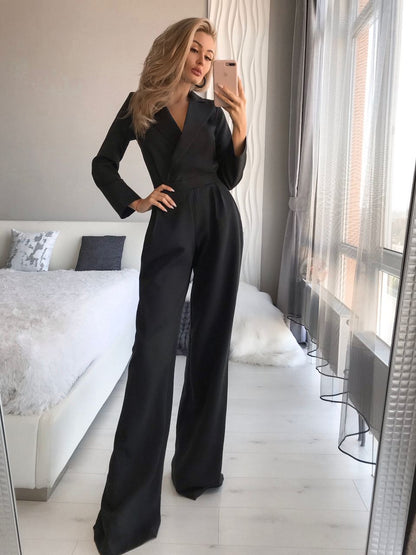 Elegant Black Jumpsuit for Women in Suit Diagonal Crepe Fabric