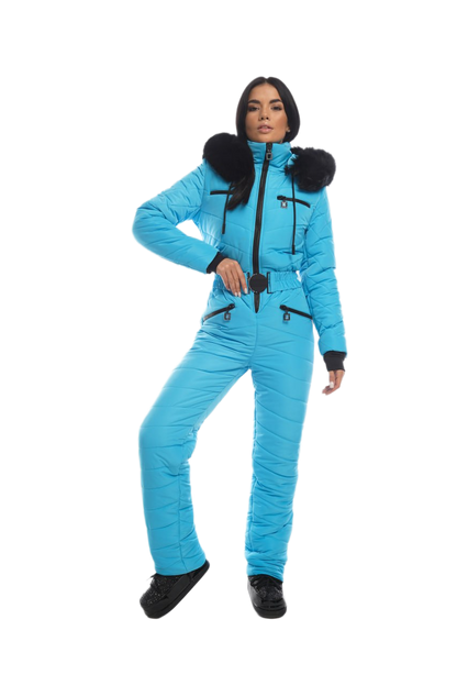 Womens Insulated Ski Jumpsuit with Black Fox Fur Hood Trim