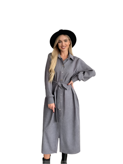 Grey Microvelvet Shirt Dress with Belt and Buttons