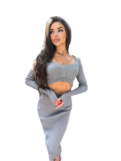 Woman wearing a gray long-sleeve dress on a white background