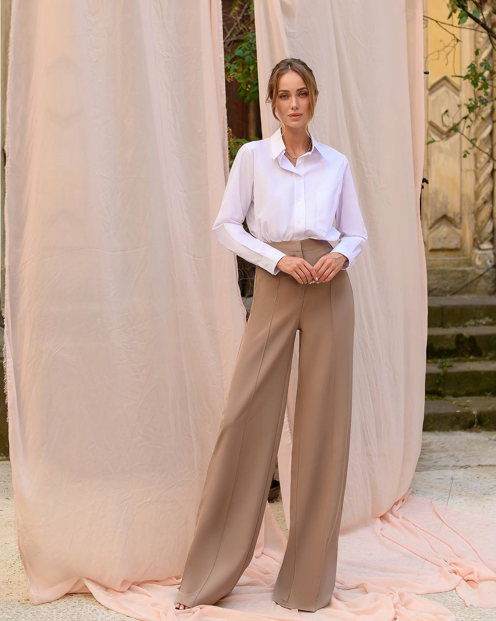 Women Elastic Back Wide Leg Pants Premium Suit Crepe Diagonal