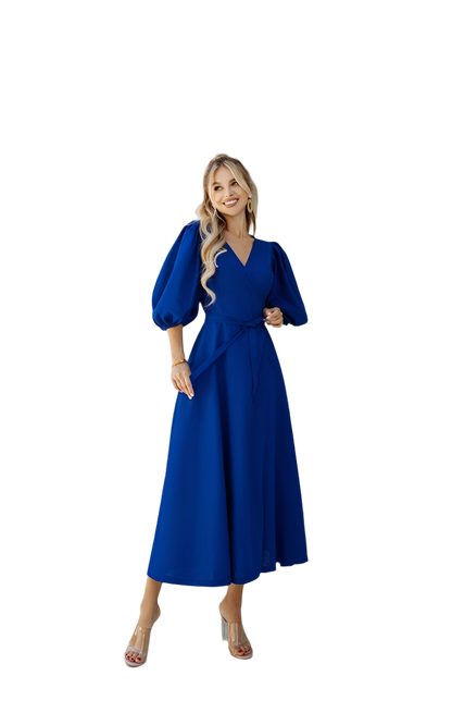 Blue Linen Sundress with Puff Sleeves and Waist Tie for Women