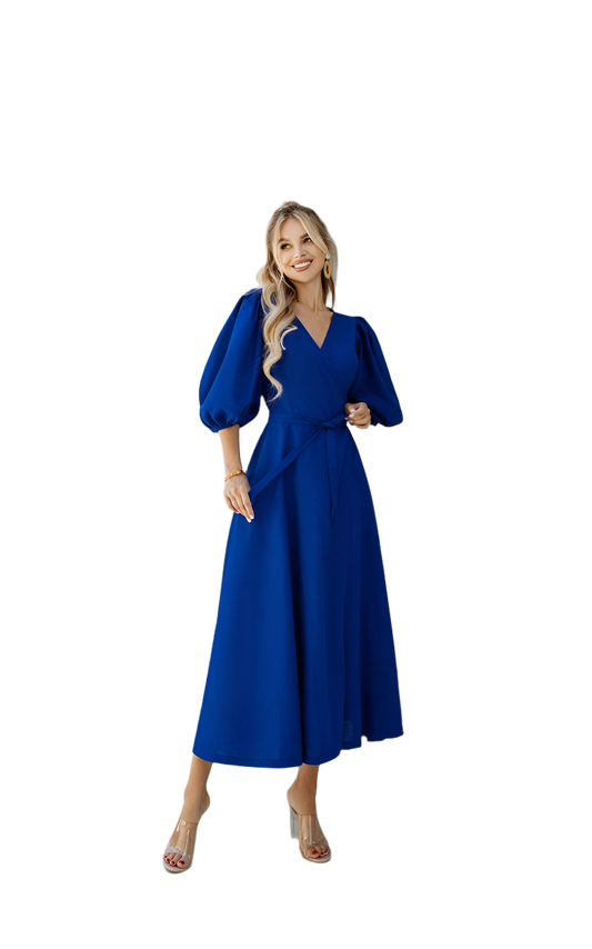 Blue Linen Sundress with Puff Sleeves and Waist Tie for Women