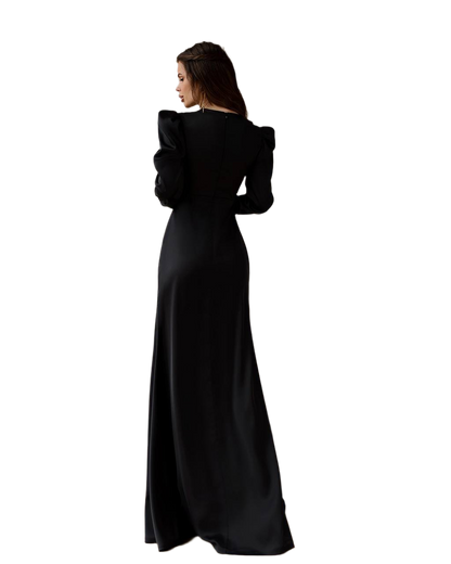 Elegant Black Maxi Dress with Long Sleeves and Front Slit