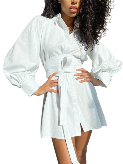 Women Linen Shirt Ketrin New with Tie Belt in Milk and Black