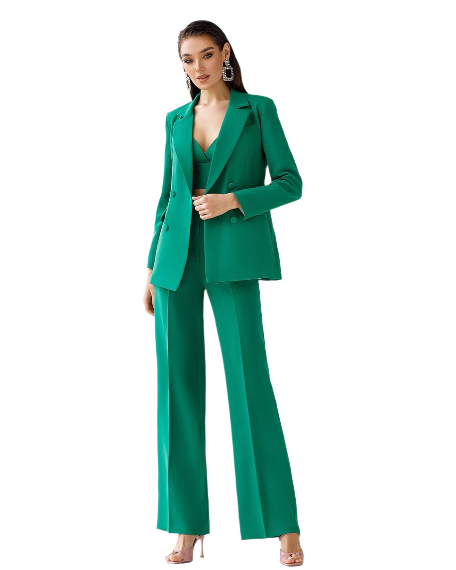 Three-Piece Prom Bridal Wedding Cocktail Graduation Womens Green Suit Jacket Top And Trousers Pantsuit Palazzo Pants
