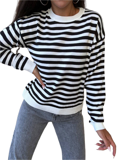 Womens Striped Knit Sweater Black White Crew Neck