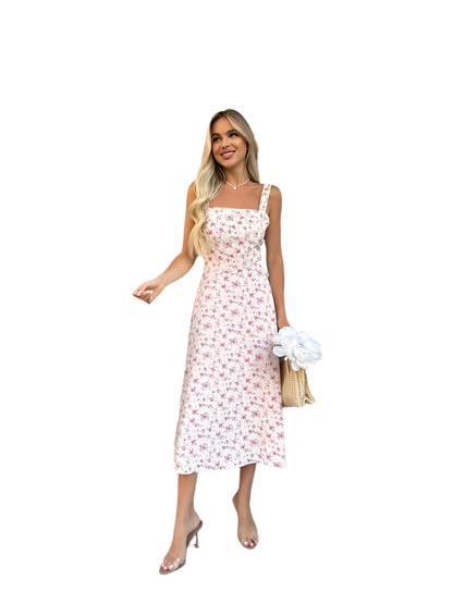 Floral Print Midi Dress with Square Neck and Open Back