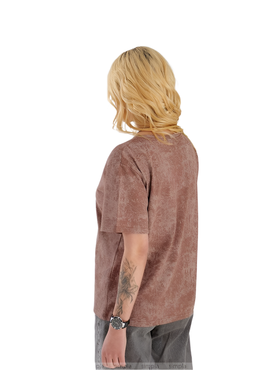 Person wearing a brown t-shirt on a white background