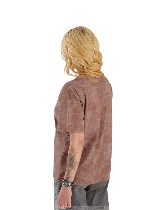 Person wearing a brown t-shirt on a white background