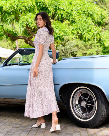 Elegant Printed Dress with Puff Sleeves and Wide Collar
