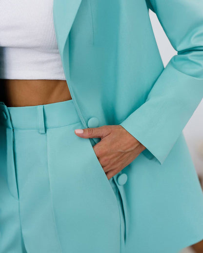 Elegant Polished Tiar and Lux Fabric Women's Suit in Tiffany Blue