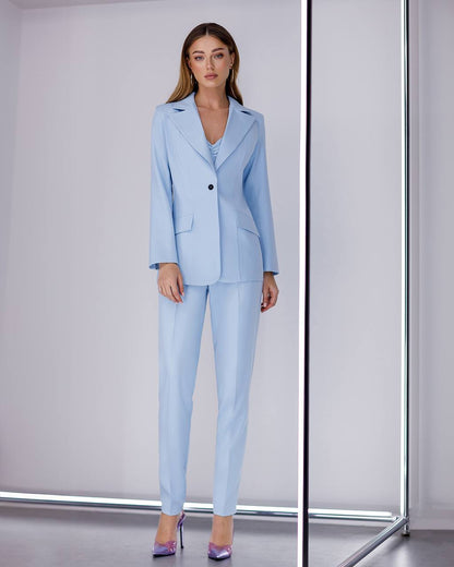 3 Pieces Women Prom Bridal Wedding Cocktail Suit Set Pantsuit Trousers Jacket Pants Top Bra Light Blue