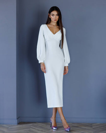 Elegant White Midi Dress for Women in Premium Suiting Crepe Fabric