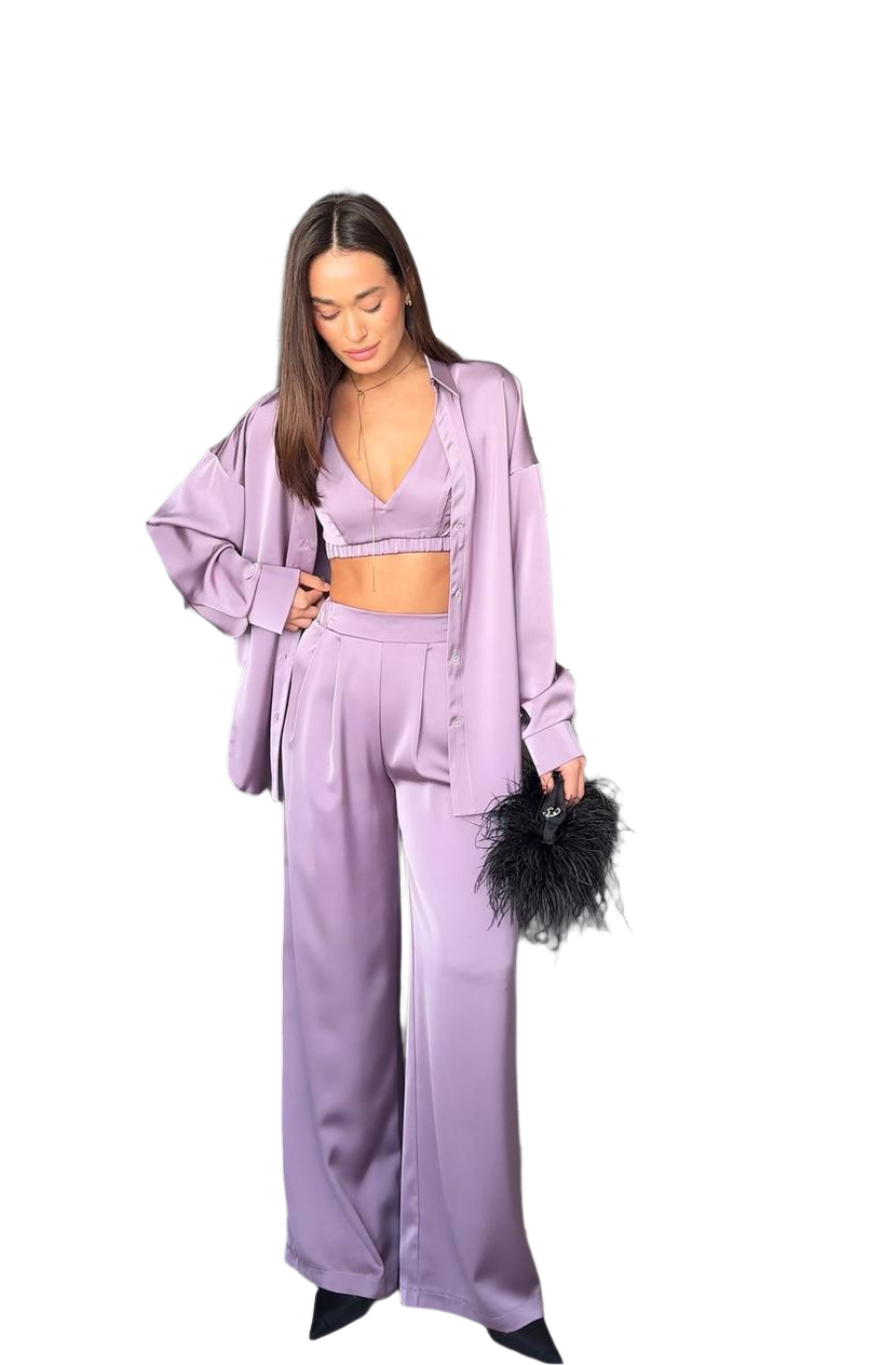 Luxury Satin Three-Piece Suit for Women in Soft Lavender