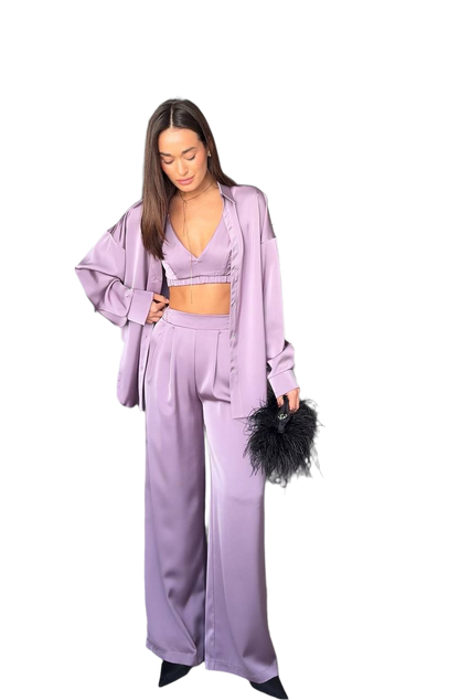 Luxury Satin Three-Piece Suit for Women in Soft Lavender
